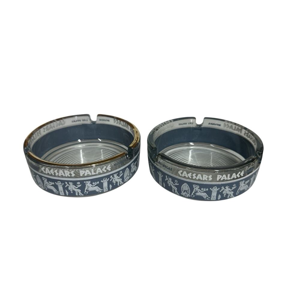 Caesars Palace Las Vegas Hotel & Casino Ashtrays Set Of 2 Blue White Clear Vtg